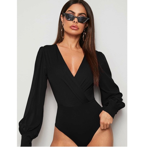 Black Elegant V neck Bodysuit Long Bishop Sheer Sleeves - Picture 6 of 8